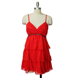 Vintage Y2K Red Mini Dress Size S Bebe Ruffle Tiered Sparkle HoCo Sweetheart